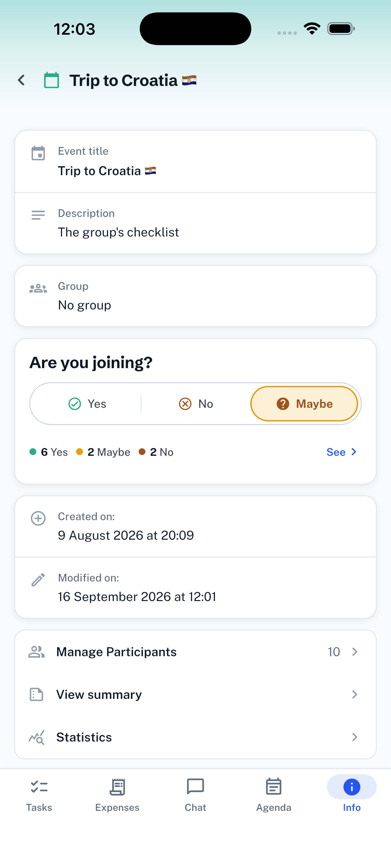 Event info: your attendance (yes, no, maybe), participants, summary and statistics