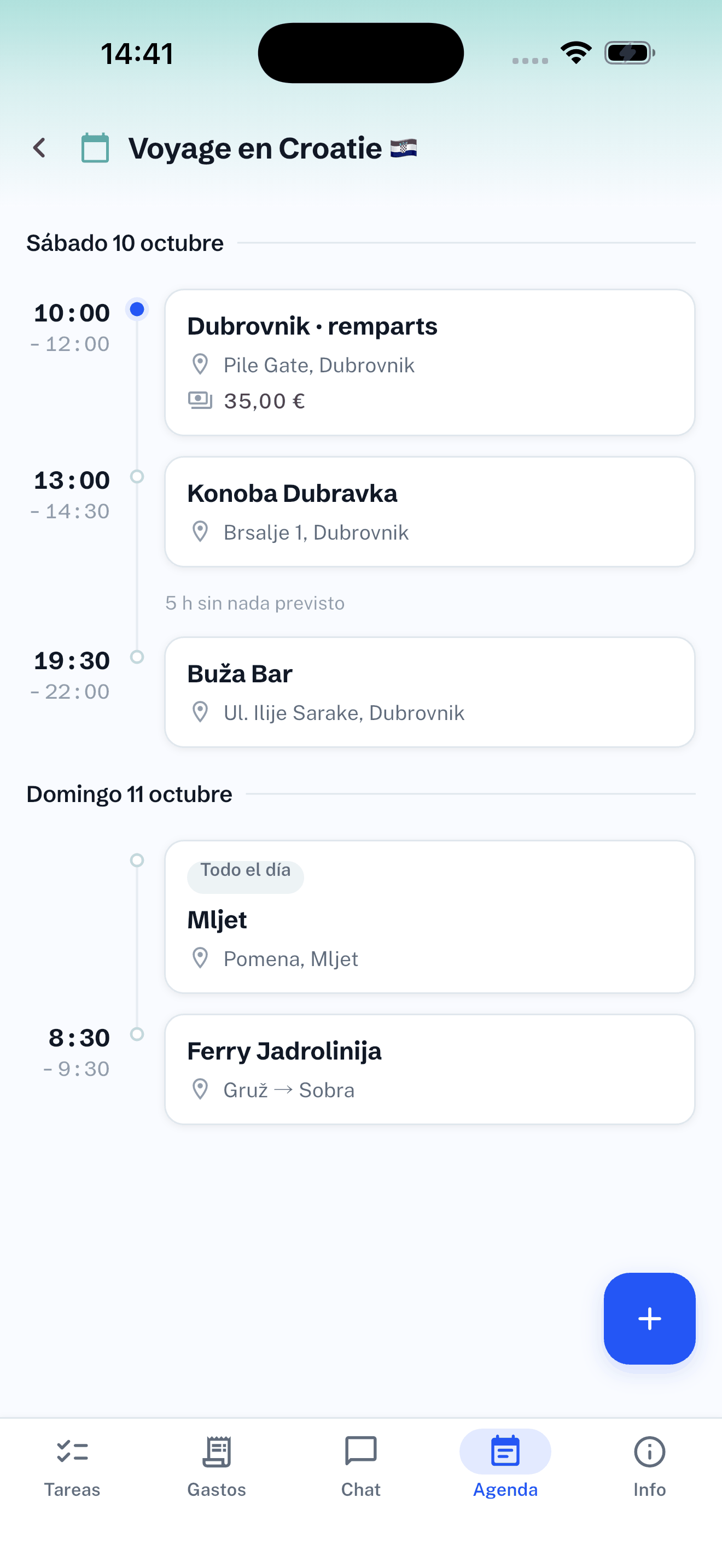 Agenda del evento Viaje a Croacia: el sábado con la visita a las murallas de 10:00 a 12:00, la comida en Konoba Dubravka de 13:00 a 14:30, una línea «5 h sin nada previsto» y por la noche el Buža Bar; el domingo, una excursión a Mljet de «Todo el día»