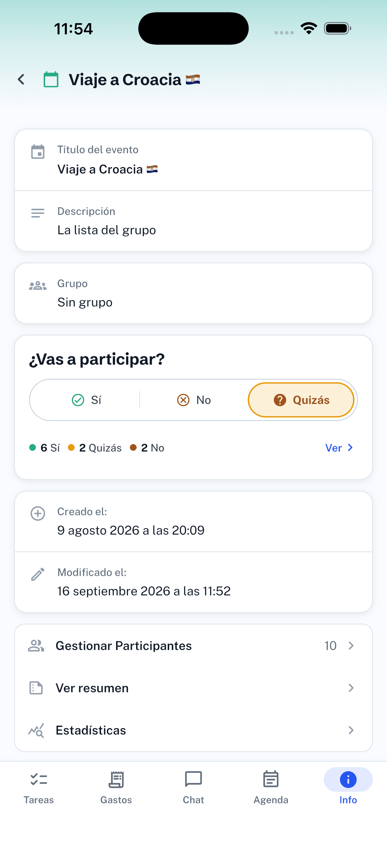 Información del evento: tu asistencia (sí, no, quizás), los participantes, el resumen y las estadísticas