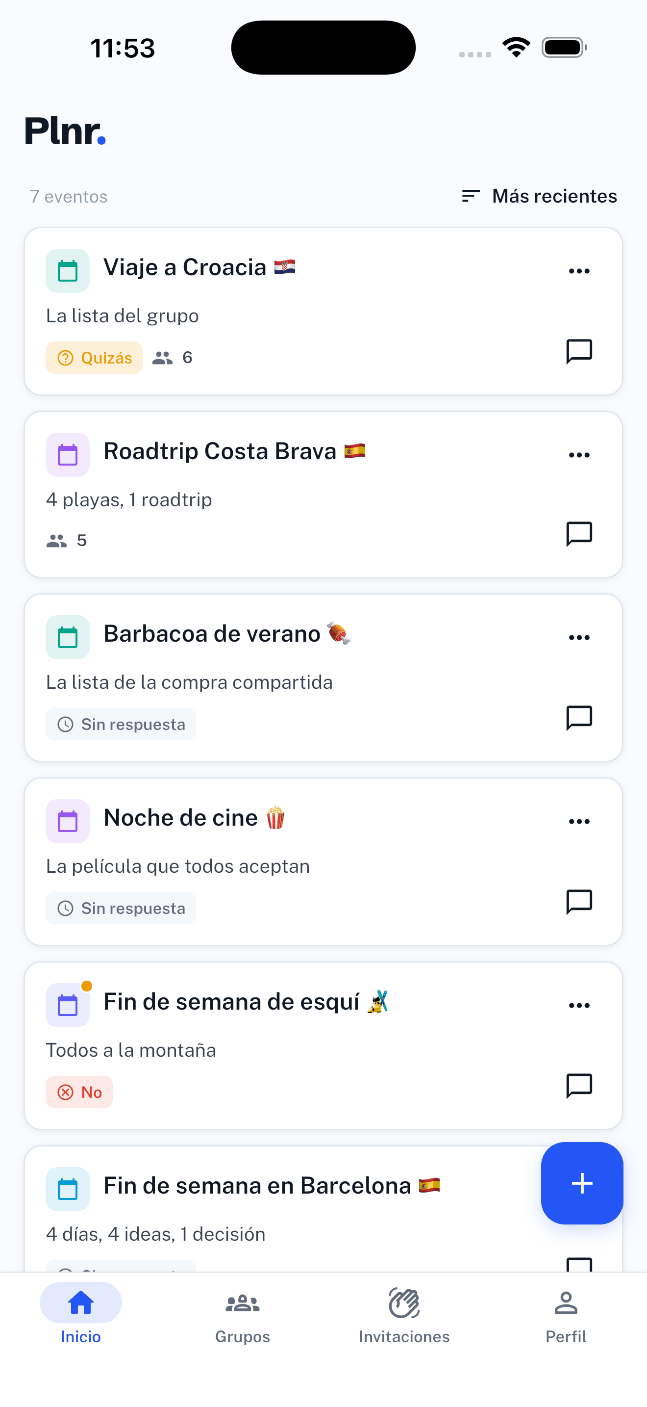 Pantalla de inicio de la app Plnr: la lista de eventos con tu respuesta de asistencia