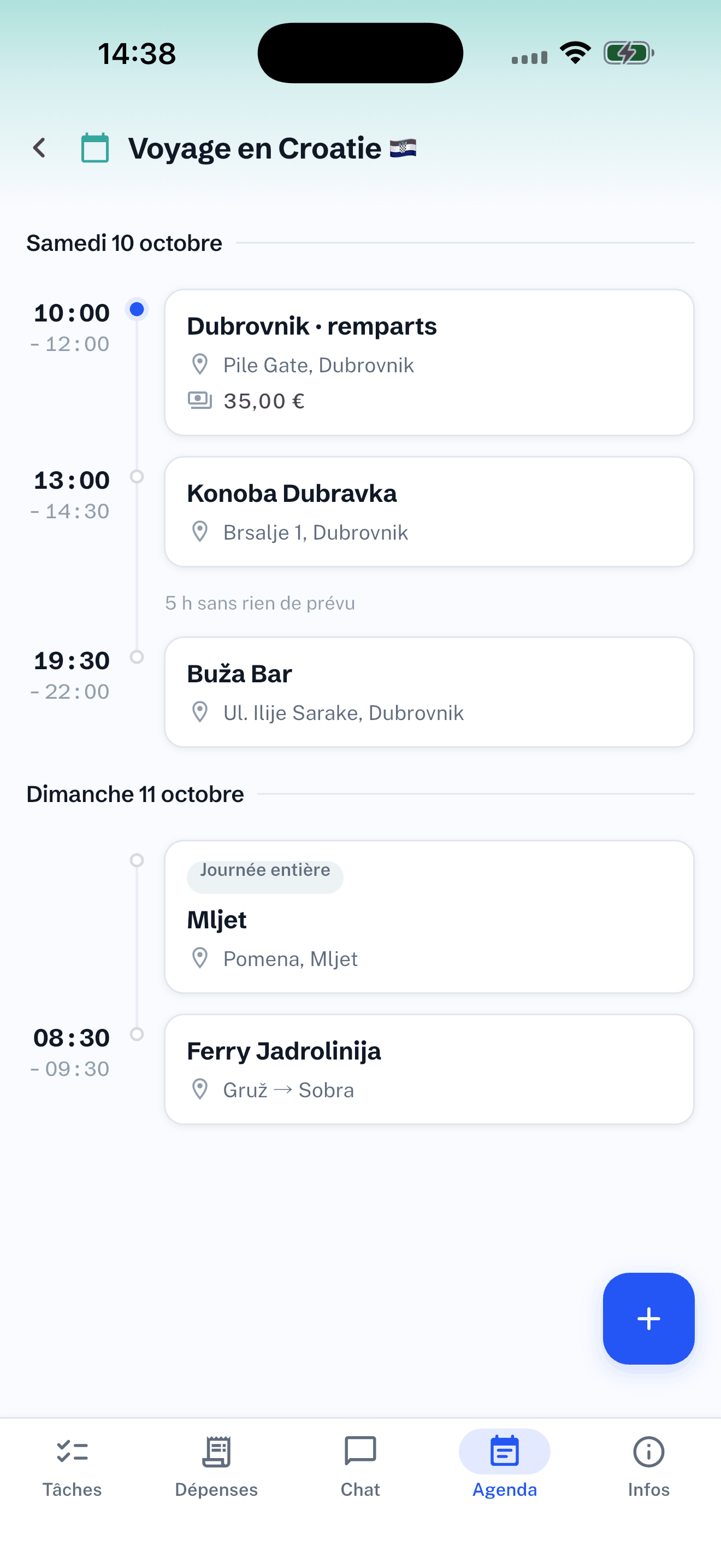 Agenda de l'événement Voyage en Croatie : le samedi avec la visite des remparts de 10 h à 12 h, le déjeuner à la Konoba Dubravka de 13 h à 14 h 30, une ligne « 5 h sans rien de prévu », puis le Buža Bar le soir ; le dimanche, une excursion à Mljet en « Journée entière »