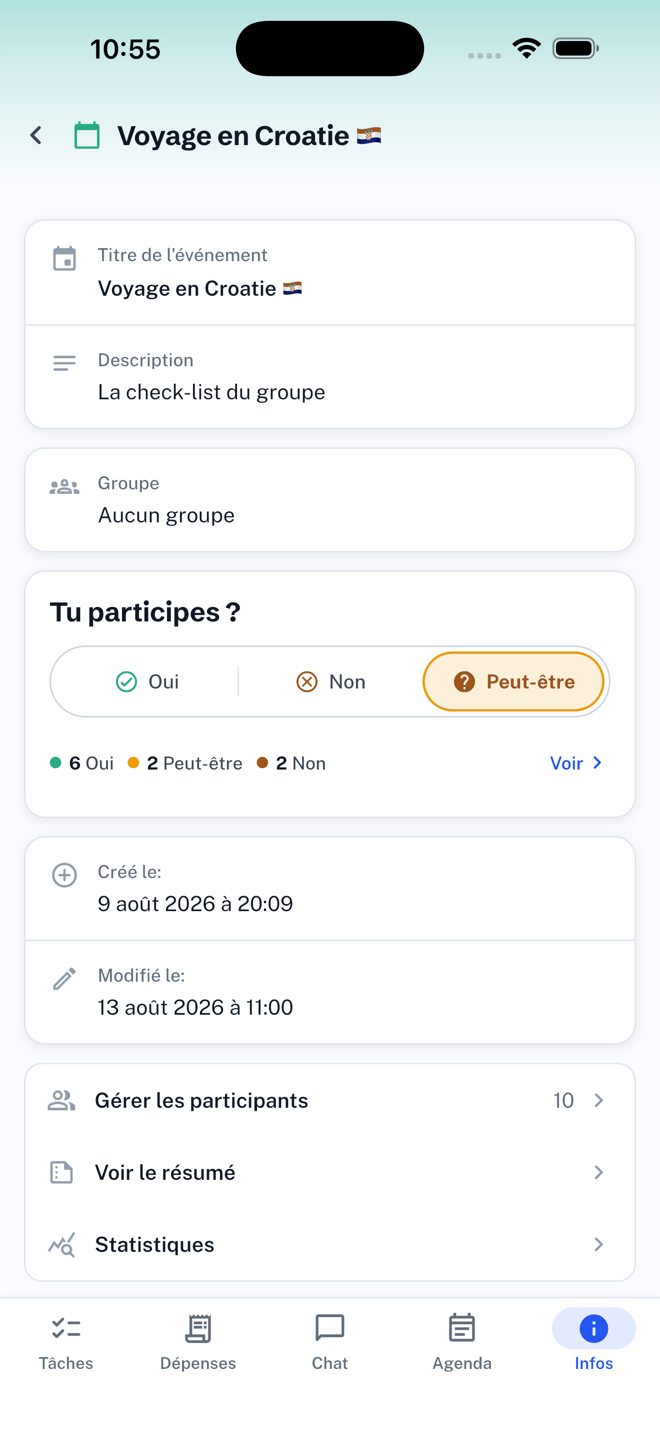 Infos de l'événement : ta présence (oui, non, peut-être), les participants, le résumé et les statistiques