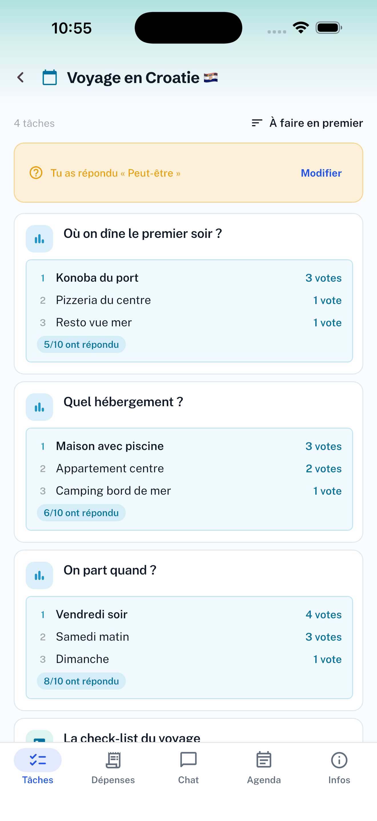 Tâches de l'événement Voyage en Croatie : sondages avec les votes de chacun et le nombre de réponses