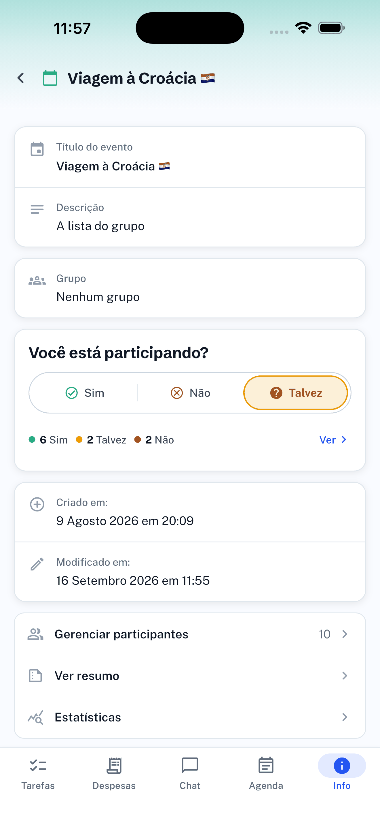 Informações do evento: sua presença (sim, não, talvez), participantes, resumo e estatísticas