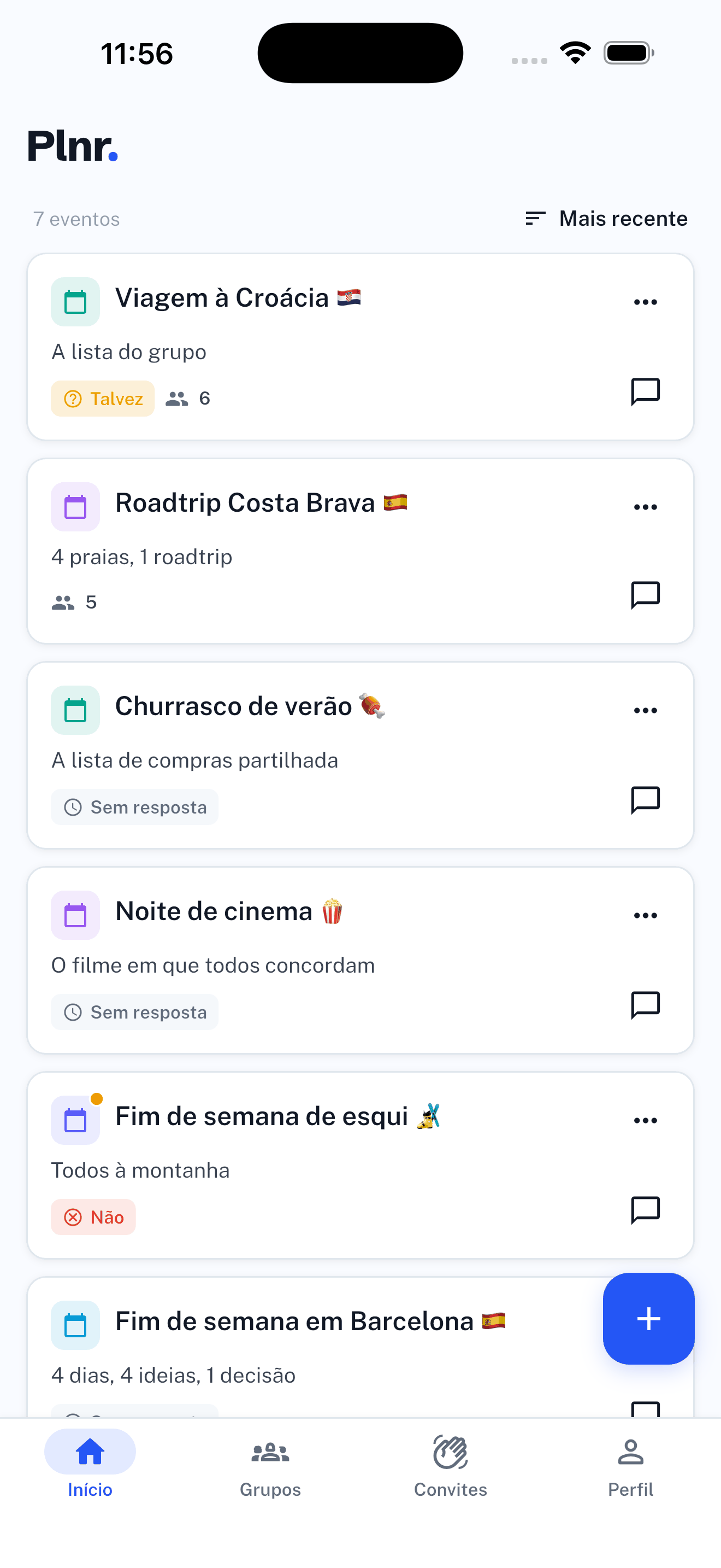 Tela inicial do aplicativo Plnr: a lista de eventos com a sua resposta de presença